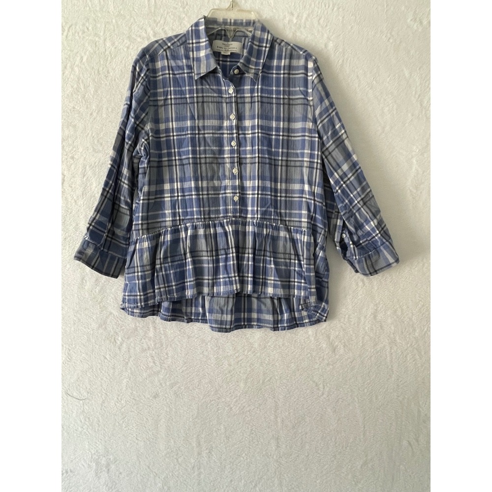 Birds of Paradis by Trovata Blue Plaid Peplum Button Down Shirt Womens Small